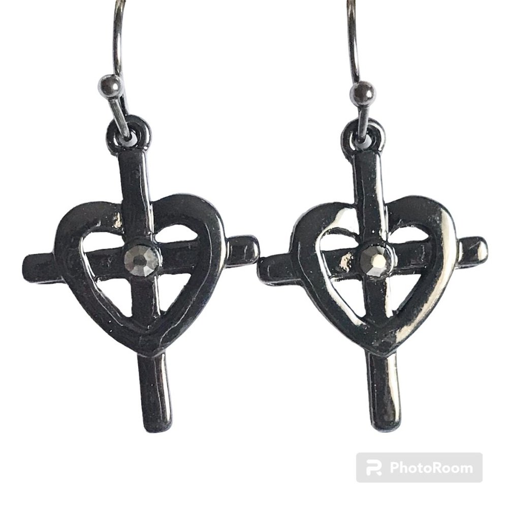 Sacred Heart Cross Earrings Gunmetal Plated Crystal Catholic Christian Gift